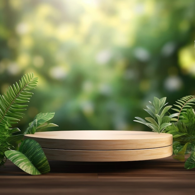 Cosmetics or beauty product promotion mockup Natural wood step pedestal Generative AI