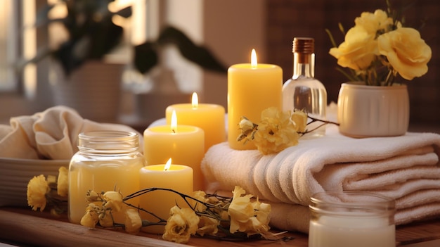 Cosmetics for body care Massage oils and towels with candles and creams of flowers Spa Generative AI