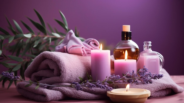 Cosmetics for body care Massage oils and Towels with candles and flowers Purple Spa Generative AI