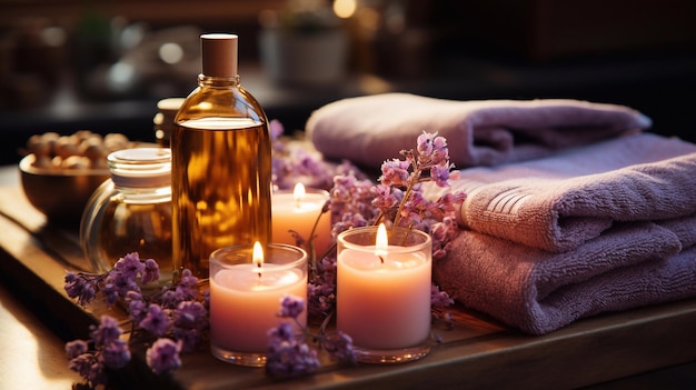 Cosmetics for body care Massage oils and Towels with candles and flowers Spa Generative AI