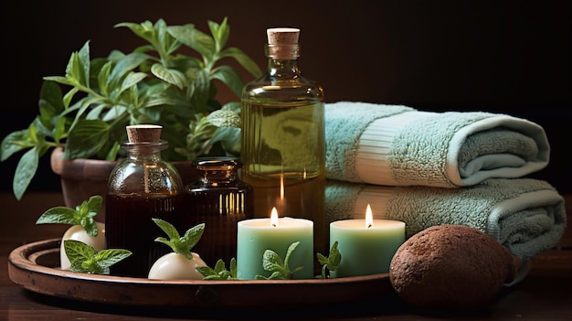 Cosmetics for body care Massage oils and towels with candles and mint flowers Spa Generative AI