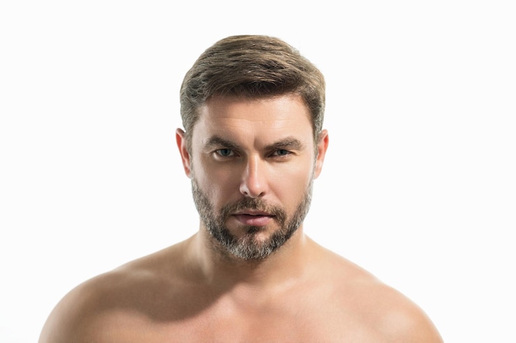 Photo cosmetics body care and spa treatment portrait of masculinity charming shirtless man isolated over w