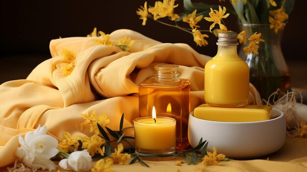 Cosmetics for body care with flowers on a yellow background Towels Spa Generative AI