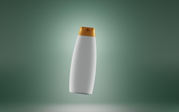 Bottiglia di cosmetici prodotto di bellezza naturale su sfondo verde shampoo o lozione a tubo bianco con cappuccio dorato per la cura dei capelli e del corpo contenitore ecologico mock up banner illustrazione 3d realistica confezione vuota