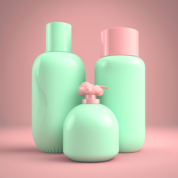 Cosmetics bottles mockup Empty green bottles on the pink background Generative AI