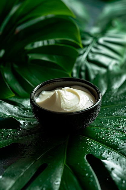Foto crema cosmetica su uno sfondo di foglie focalizzazione selettiva