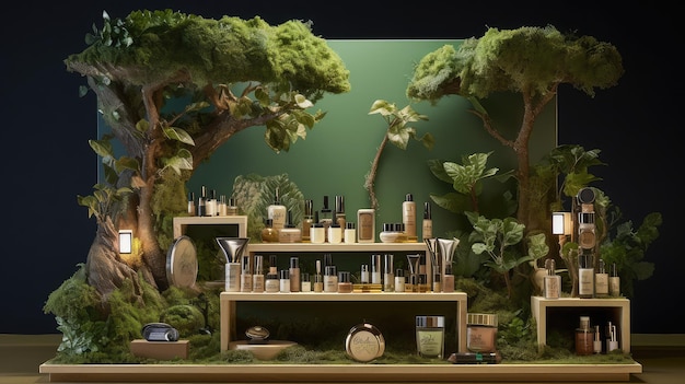 Cosmetics display featuring a wooden podium photo realistic