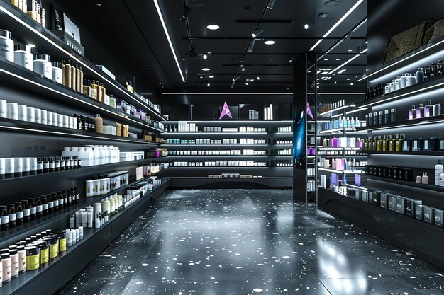 Cosmetics displayed in black grocery shelves and displays Generative Ai