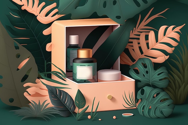 Cosmetics displayed next to a box and some greenery