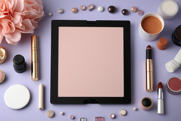 Photo cosmetics encircle a tablet with a pristine white screen beauty tech