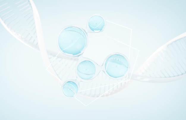 Косметика Эссенция молекулы коллагена Витамин или сыворотка капли воды для увлажняющего крема Химическая структура жидкой молекулы на водном фоне Косметическая энергетическая обработка Натуральный продукт 3d рендеринг