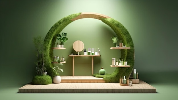 Cosmetics exhibition with a wooden podium photo realistic