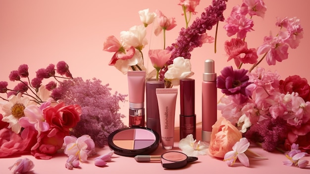 cosmetics and flowers on a pink background