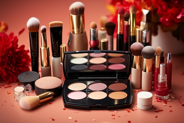 cosmetics makeup tools and accessory Fashion concept background copy space