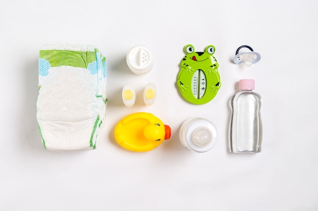 Photo cosmetics for newborns on a white background top view