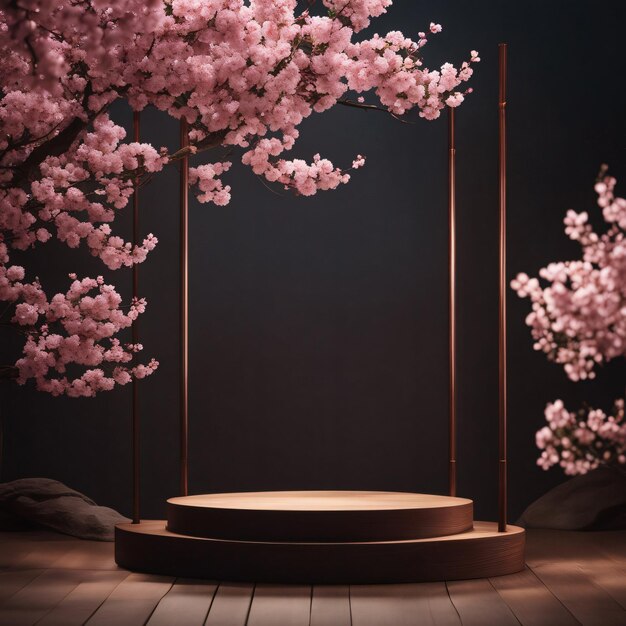 Cosmetics product advertising stand exhibition wooden podium on cherry blossom dark background