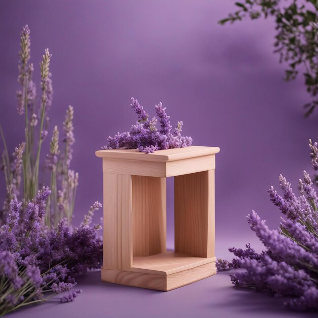 Cosmetics product advertising stand exhibition wooden podium on flower lavender color background