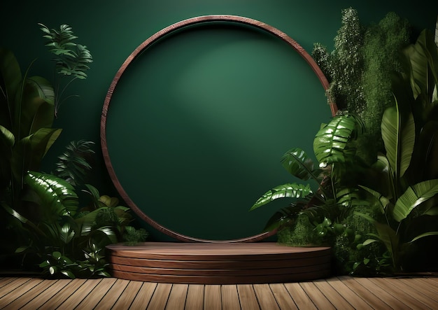 Foto stand pubblicitario di prodotti cosmetici podium in legno su sfondo verde con foglie e ombre piedistallo vuoto per visualizzare l'imballaggio del prodotto mockup