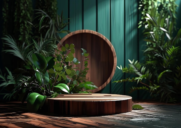Foto stand pubblicitario di prodotti cosmetici podium in legno su sfondo verde con foglie e ombre piedistallo vuoto per visualizzare l'imballaggio del prodotto mockup