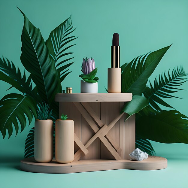 Foto podio in legno espositivo per stand pubblicitario di prodotti cosmetici su sfondo verde con foglie e lei