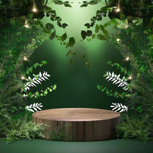 Рекламный стенд косметической продукции, выставочный стенд, деревянный подиум на зеленом фоне с листьями