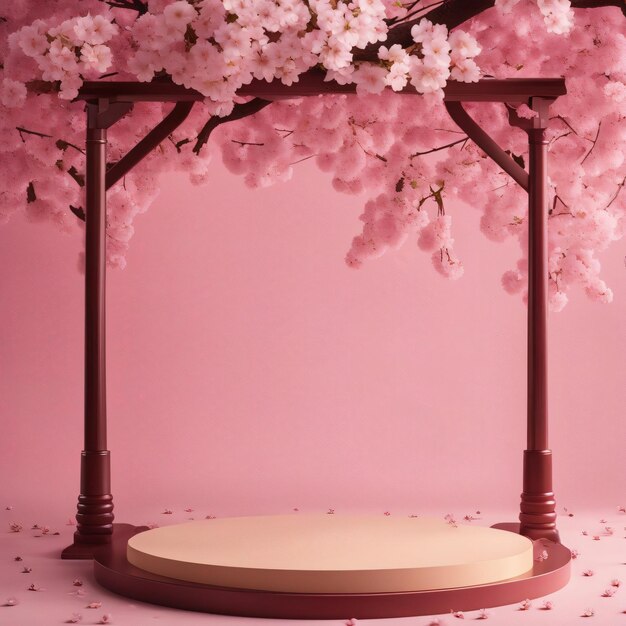 Photo cosmetics product advertising stand exhibition wooden podium on pink background with leaves