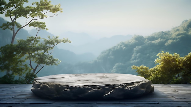 Фото Каменный подиум для рекламы косметических продуктов на горном фоне с небольшими деревьями