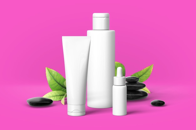 Cosmetics product presentation cream color wall scene with rock and olive leaf Minimal geometric shape fashion magazine illustration 3d render illustration