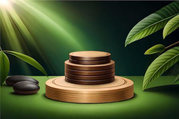 化粧品製品緑の背景の木製表彰台