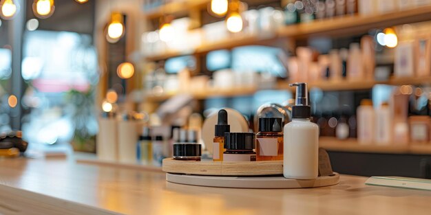 Cosmetics products on table inside shop