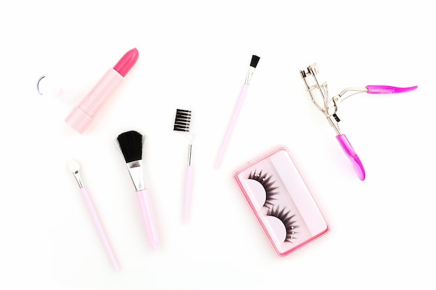 Cosmetics set for women on white background