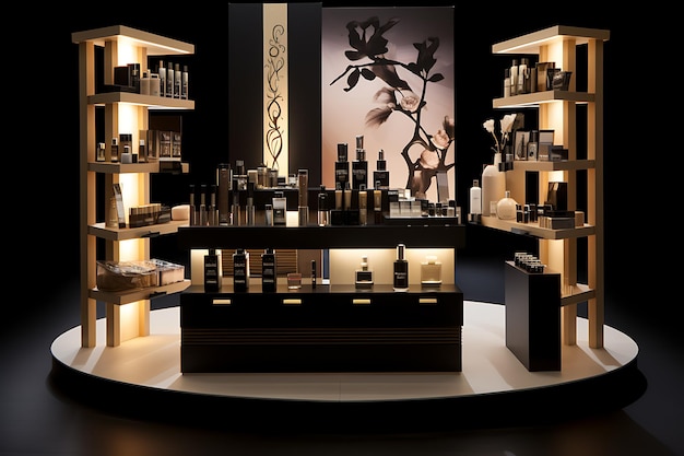 Photo cosmetics showcase on elegant wooden podiums