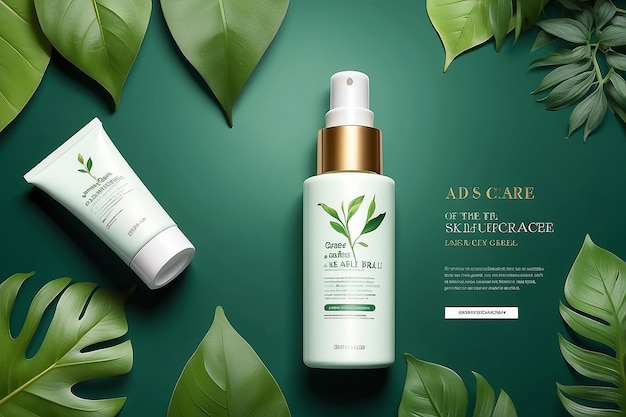 Cosmetics and skin care product ads template on green background with leaves