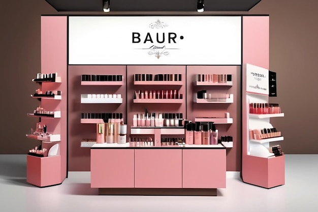 Photo cosmetics store branding display integrate the logo into makeup displays and product packaging