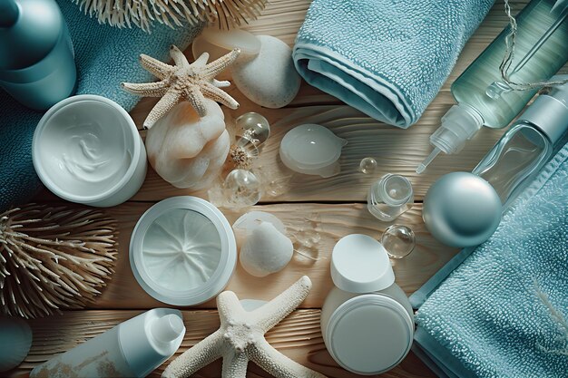 Cosmetics and Towels on a Wooden Background