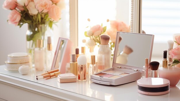 cosmetics with decorative cosmetics and makeup brushes on white table