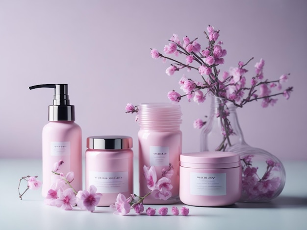 Cosmetics with pink sakura flowers in vase on white table