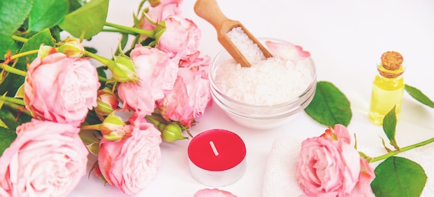 Cosmetics with rose flower extract.
