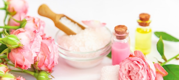 Cosmetics with rose flower extract. 