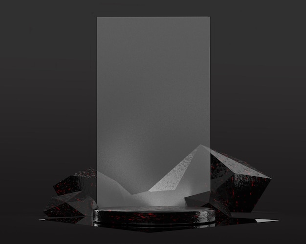 Cosmetische achtergrond voor productpresentatie zwarte podiumvertoning op zwarte rots 3d render scene