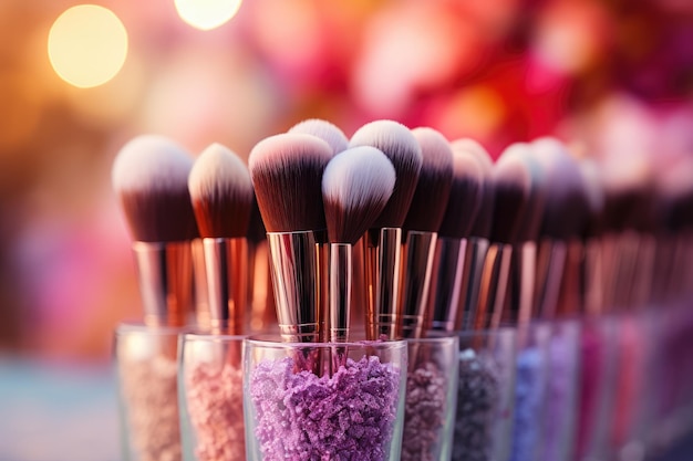 Cosmetische borstels en explosieve kleurrijke poeders Beauty-industrie advertentie flier sjabloon Generatieve AI