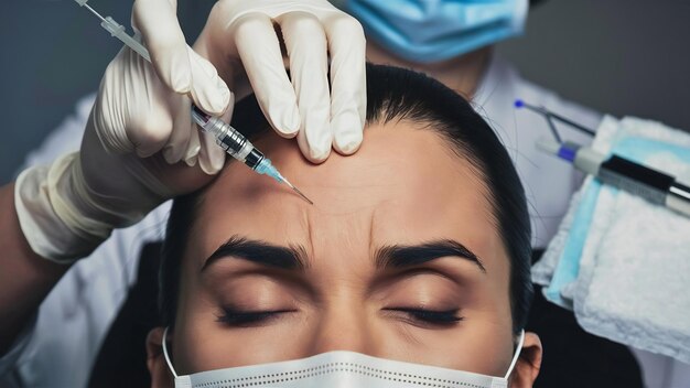 Cosmetische botox-injectie in het voorhoofd van een vrouw