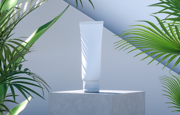 Cosmetische buis op een cementpodium met palmbladeren