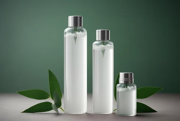 Cosmetische containers met groene kruidenbladeren en blanco labelpakket met waterdruppels voor branding