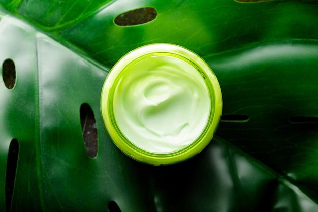 Cosmetische crème in een container op een groen monstera tropisch blad bovenaanzicht, natuurlijke cosmetica en biologisch huidverzorgingsproductconcept. Crème voor gezichts- en lichaamsverzorging, platliggend