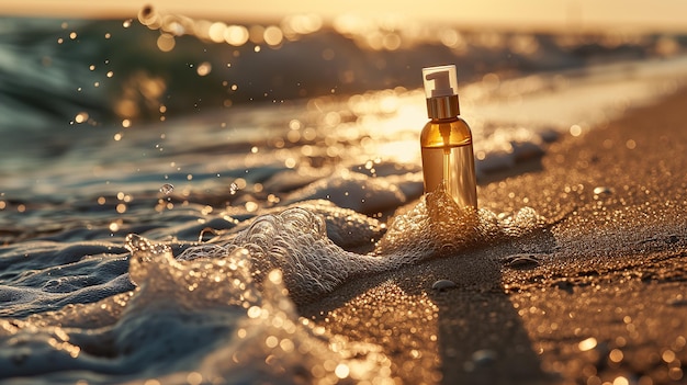 Foto cosmetische crème in een plastic fles op een zandstrand de zee op de achtergrond eco-concept