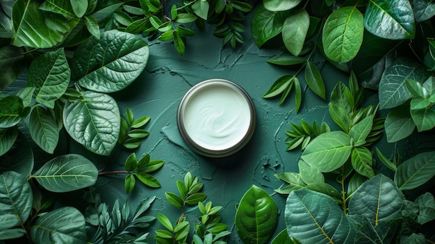 Cosmetische crème met groene bladeren op een groene achtergrond