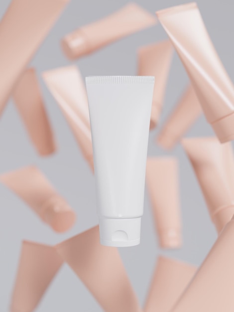 Cosmetische crème tube drijvend op abstracte onscherpe achtergrond schoonheid en verzorging productpresentatie display