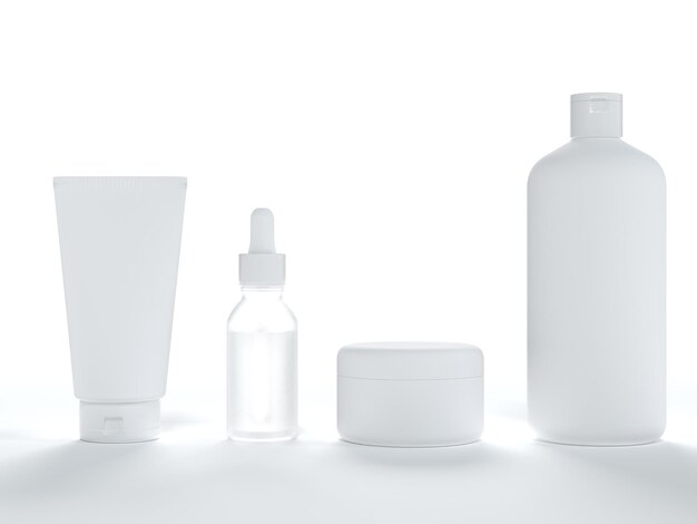 Cosmetische crème tube pot met deksel vloeibare zeep en shampoo serum fles 3D render op witte achtergrond