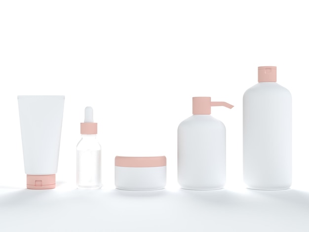 Cosmetische crème tube pot met deksel vloeibare zeep en shampoo serum fles 3D render op witte achtergrond